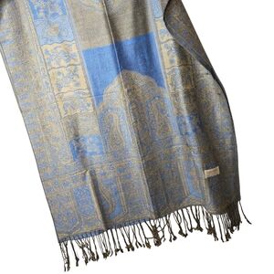 Pashmina Cashmere Silk Elegant Blue and Gold Patterned Scarf